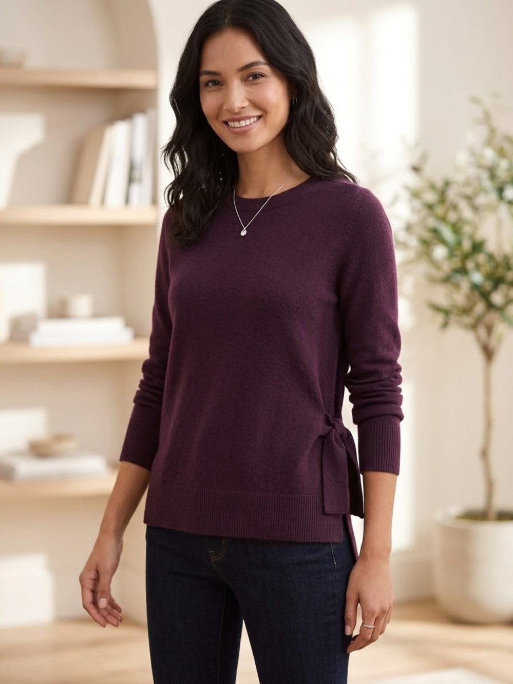 Halogen Nordstrom 100% Cashmere Purple Side Tie Sweater , Small